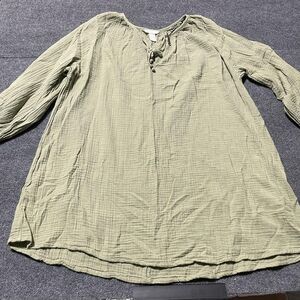 H&M Shirt Womens 2XL Green Crinkle Gauze Peasant Tunic 3/4 Sleeve Lace Up Boho